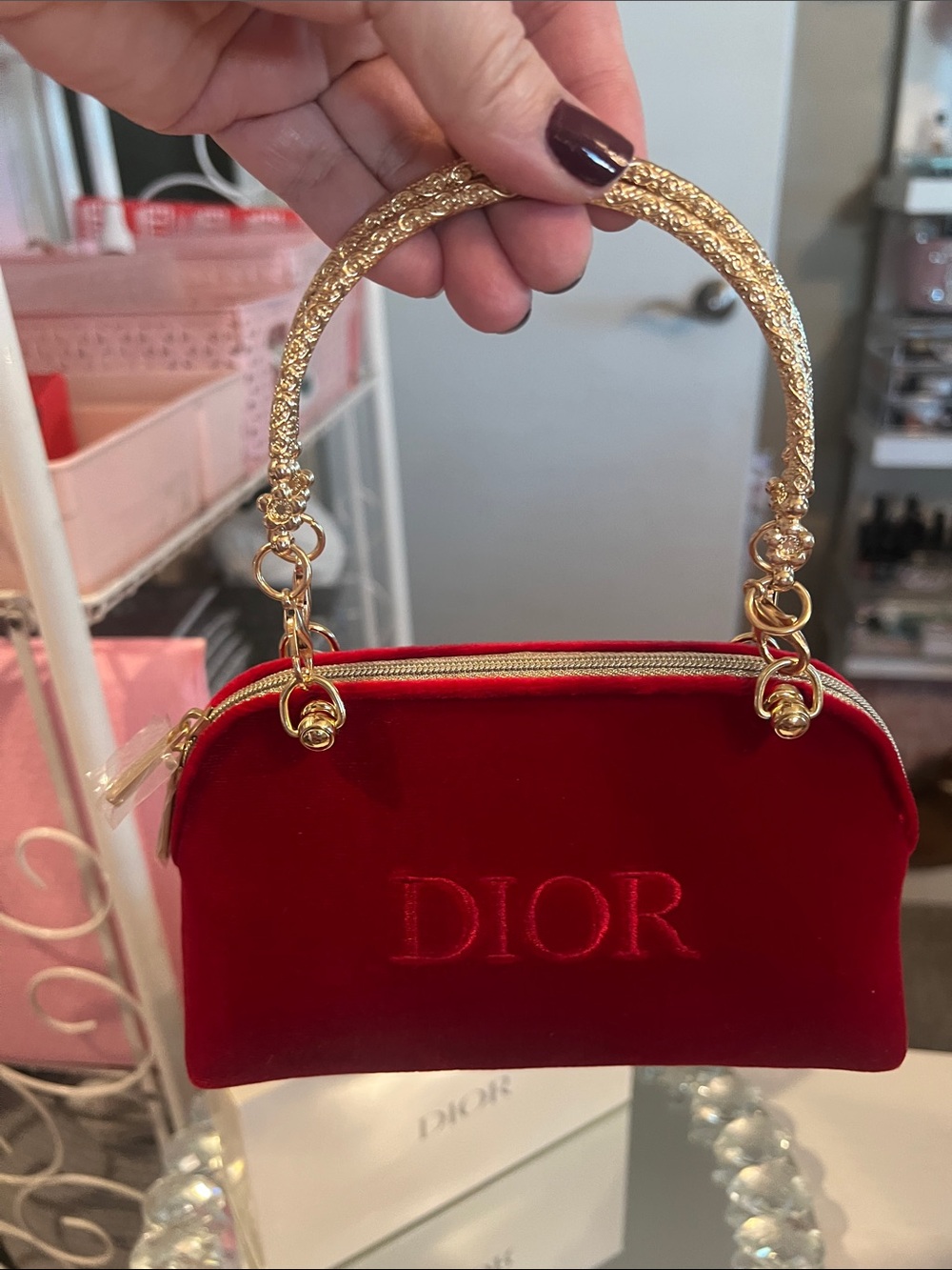 DIOR Red Velvet Pouch with Gold Handles